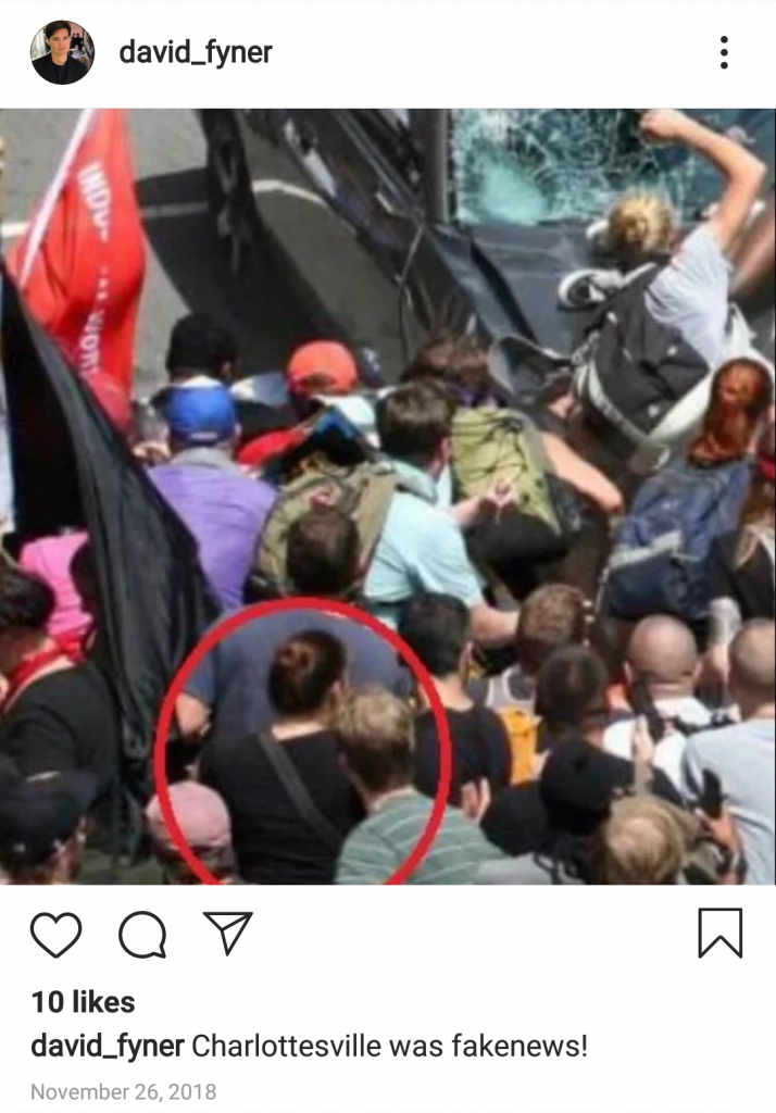 A screenshot from David Feiner's Instagram account with a photo of a car running into a group of protesters at the Unite the Right Rally in Charlottesville in August of 2017. A woman in the crowd is circled in red. Feiner's caption for the photo reads, "Charlottesville was fakenews!