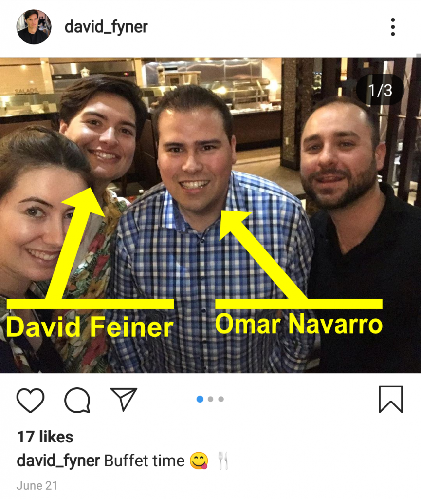 A screenshot from David Feiner's Instagram account depicting Feiner posing with Omar Navarro and two other individuals whose faces are blurred for privacy.